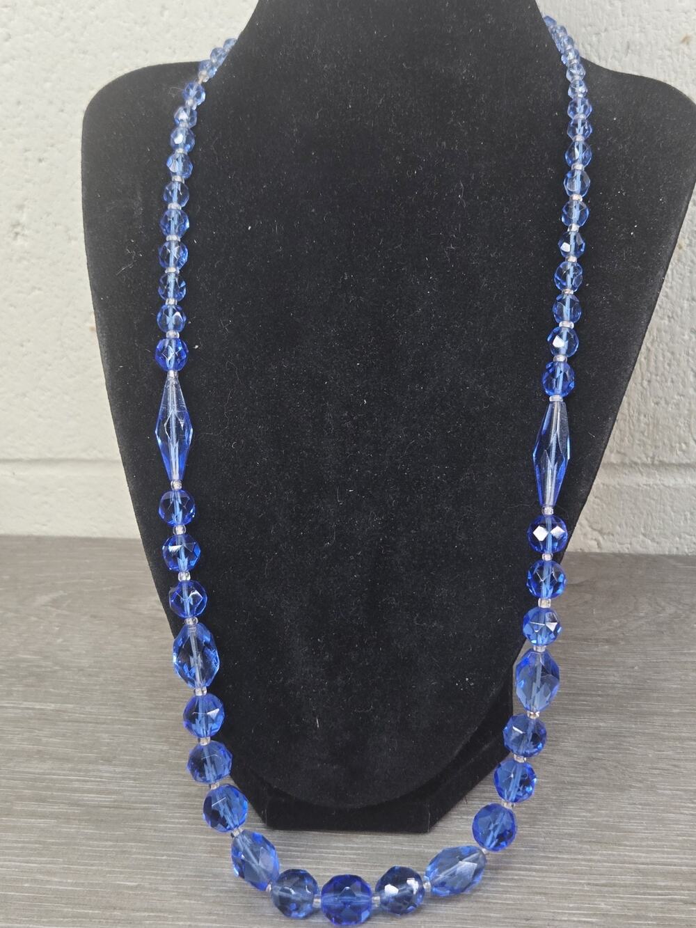Vtg Antique Art Deco Cobalt Blue Glass Bead Bar Link Necklace 26” Sterling Clasp